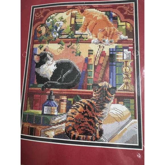 Vintage Bucilla Counted Cross Stitch Kit "Curiosity" Cat Kitty Bookshelf 41487 - Picture 1 of 7